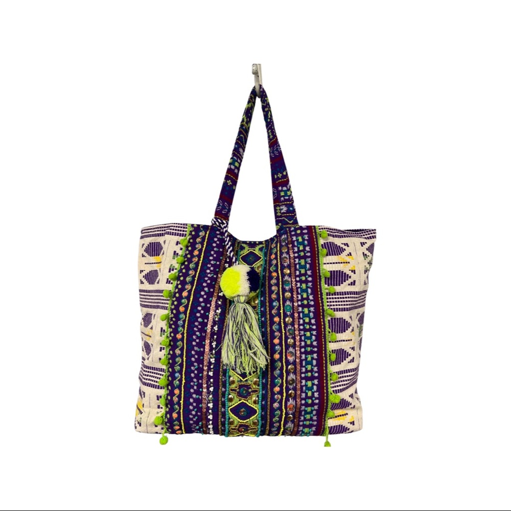 Purple/Lime Tote Bag w/ pom pom